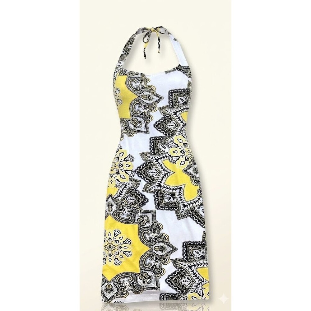 Womens Vtg Y2K Cache Dress Sexy Cocktail Halter Dress Size 2 Yellow Paisley